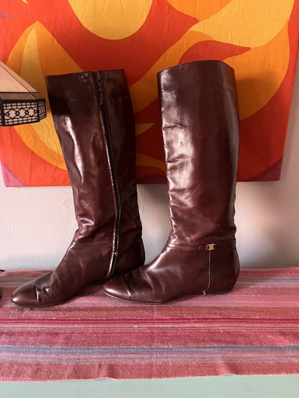Vintage Ferragamo Low Heel Knee High Riding Boots Brown / Burgundy 9M - Picture 4 of 10